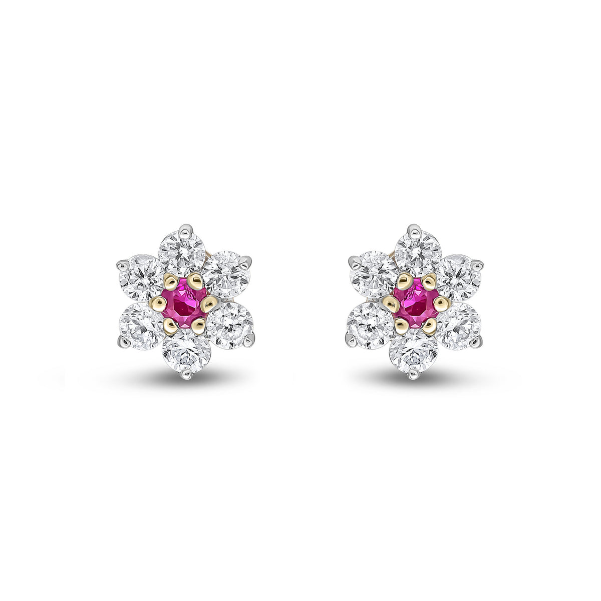 9ct Yellow Gold Round Natural Ruby & Diamond Claw Set Cluster Stud Earrings