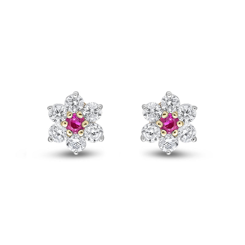 9ct Yellow Gold Round Natural Ruby & Diamond Claw Set Cluster Stud Earrings