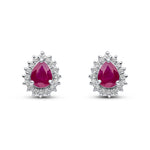 9ct White Gold Pear Shaped Natural Ruby & Diamond Claw Set Cluster Stud Earrings — 5x4mm