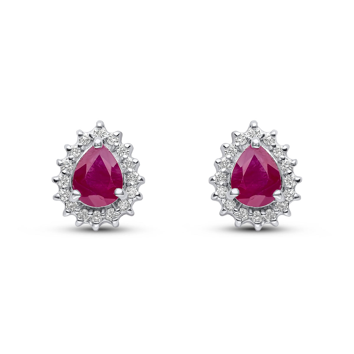 9ct White Gold Pear Shaped Natural Ruby & Diamond Claw Set Cluster Stud Earrings — 5x4mm