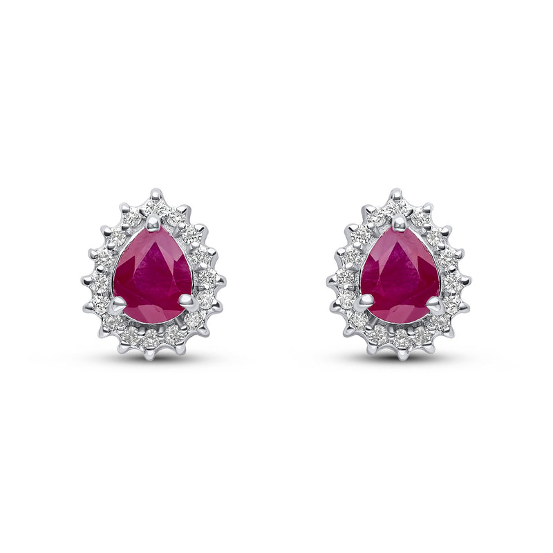 9ct White Gold Pear Shaped Natural Ruby & Diamond Claw Set Cluster Stud Earrings — 5x4mm