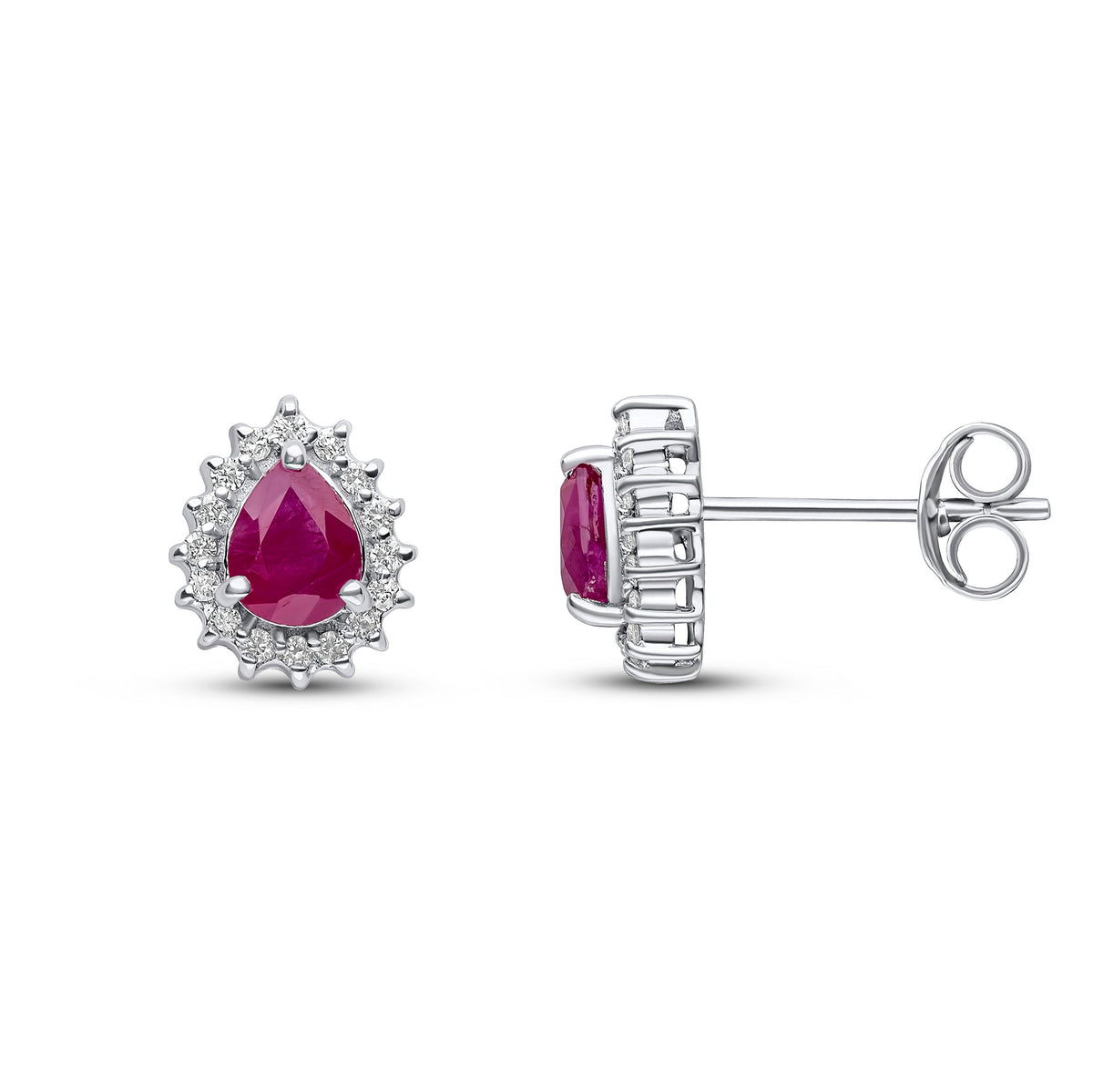 9ct White Gold Pear Shaped Natural Ruby & Diamond Claw Set Cluster Stud Earrings — 5x4mm