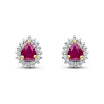 9ct Yellow Gold Pear Shaped Natural Ruby & Diamond Claw Set Cluster Stud Earrings — 5x4mm