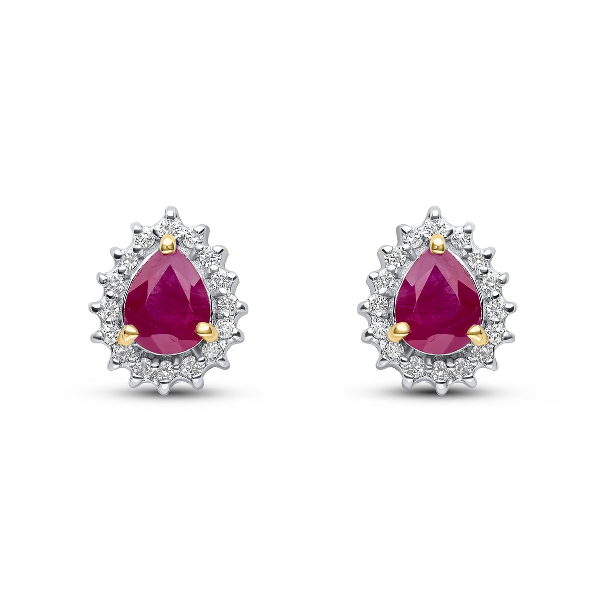 9ct Yellow Gold Pear Shaped Natural Ruby & Diamond Claw Set Cluster Stud Earrings — 5x4mm