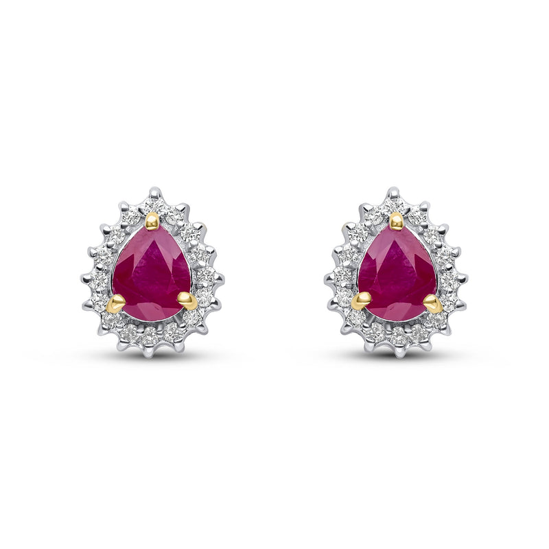 9ct Yellow Gold Pear Shaped Natural Ruby & Diamond Claw Set Cluster Stud Earrings — 5x4mm