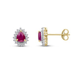 9ct Yellow Gold Pear Shaped Natural Ruby & Diamond Claw Set Cluster Stud Earrings — 5x4mm