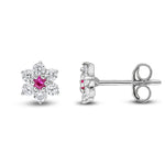 9ct White Gold Round Natural Ruby & Diamond Claw Set Cluster Stud Earrings