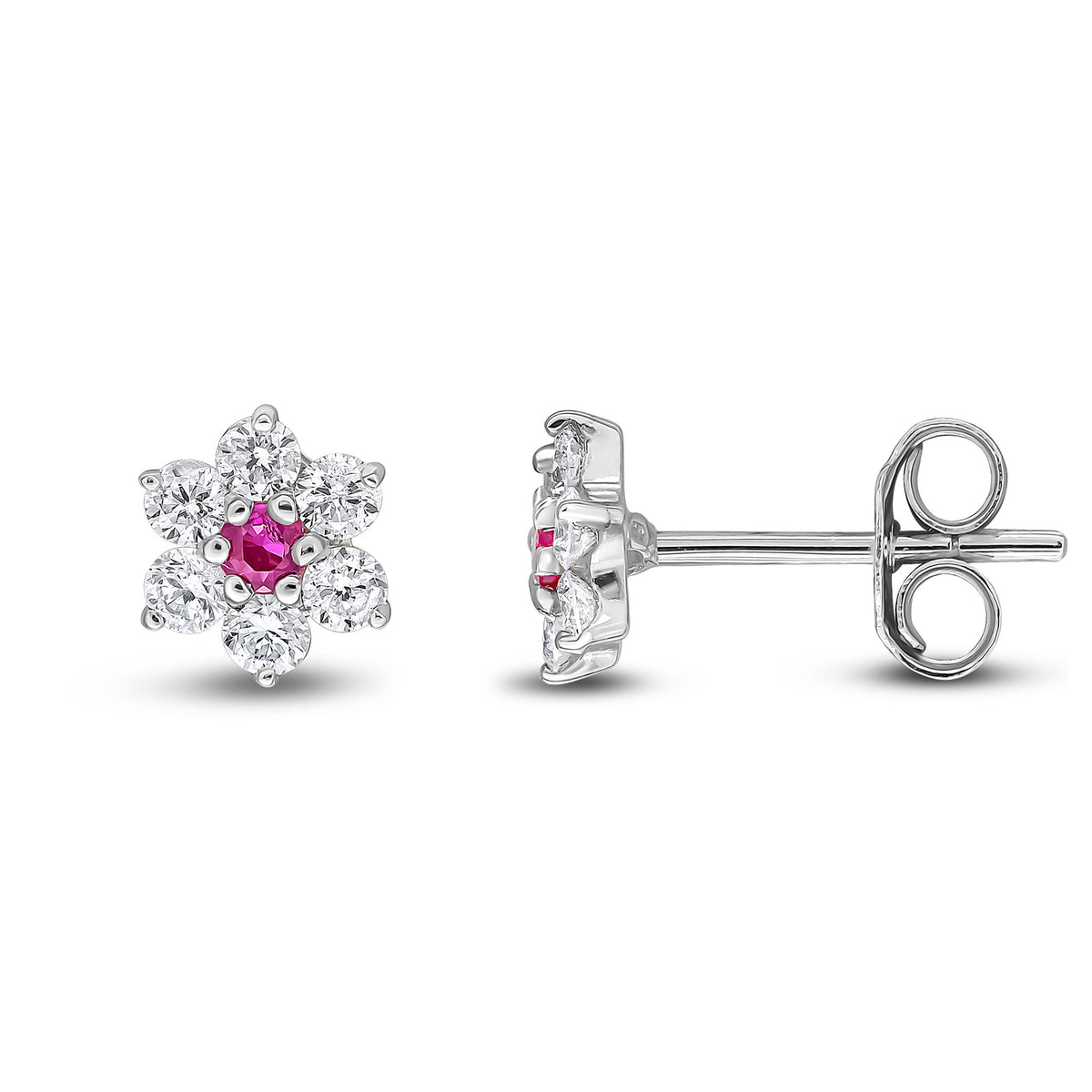 9ct White Gold Round Natural Ruby & Diamond Claw Set Cluster Stud Earrings