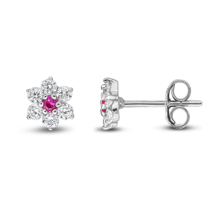 9ct White Gold Round Natural Ruby & Diamond Claw Set Cluster Stud Earrings