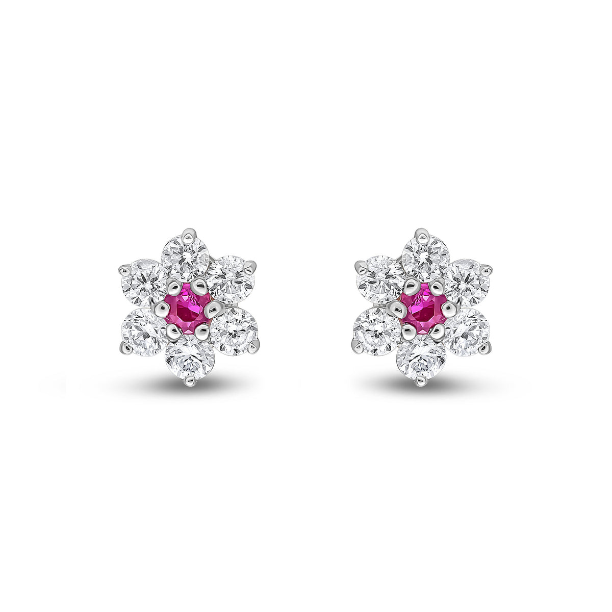 9ct White Gold Round Natural Ruby & Diamond Claw Set Cluster Stud Earrings