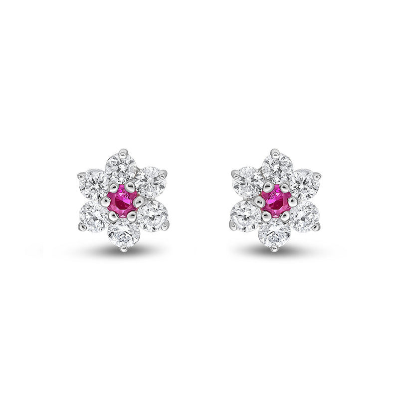9ct White Gold Round Natural Ruby & Diamond Claw Set Cluster Stud Earrings