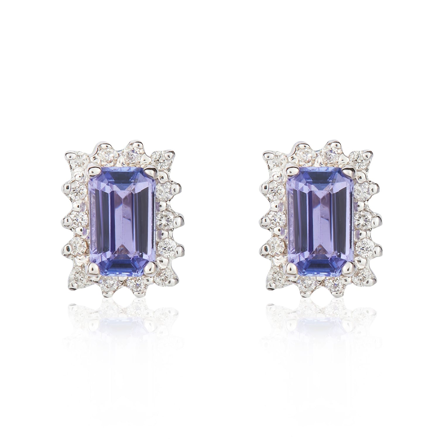 9ct White Gold Octagonal Emerald Cut Natural Tanzanite and Diamond Cluster Earrings — 5x3mm