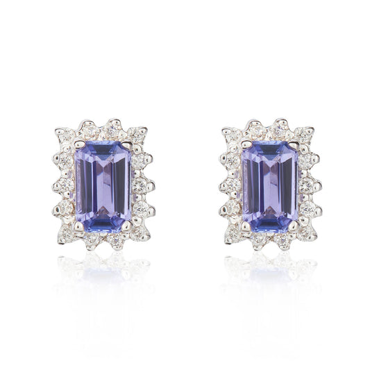 9ct White Gold Octagonal Emerald Cut Natural Tanzanite and Diamond Cluster Earrings — 5x3mm