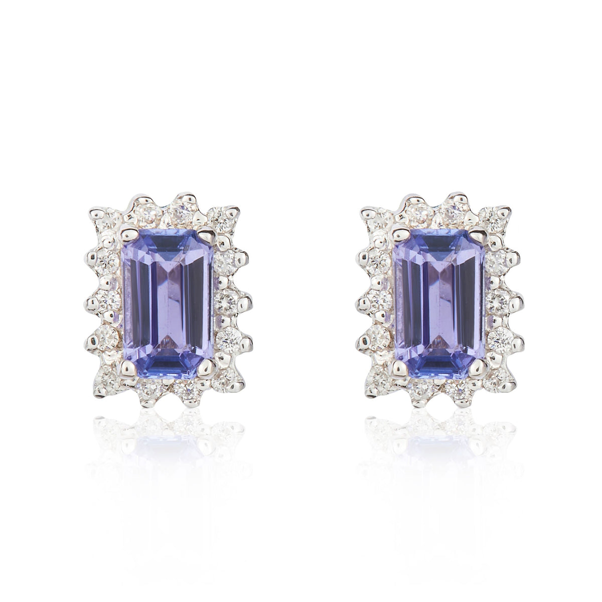 9ct White Gold Octagonal Natural Tanzanite & Diamond Cluster Stud Earrings — 5x3mm