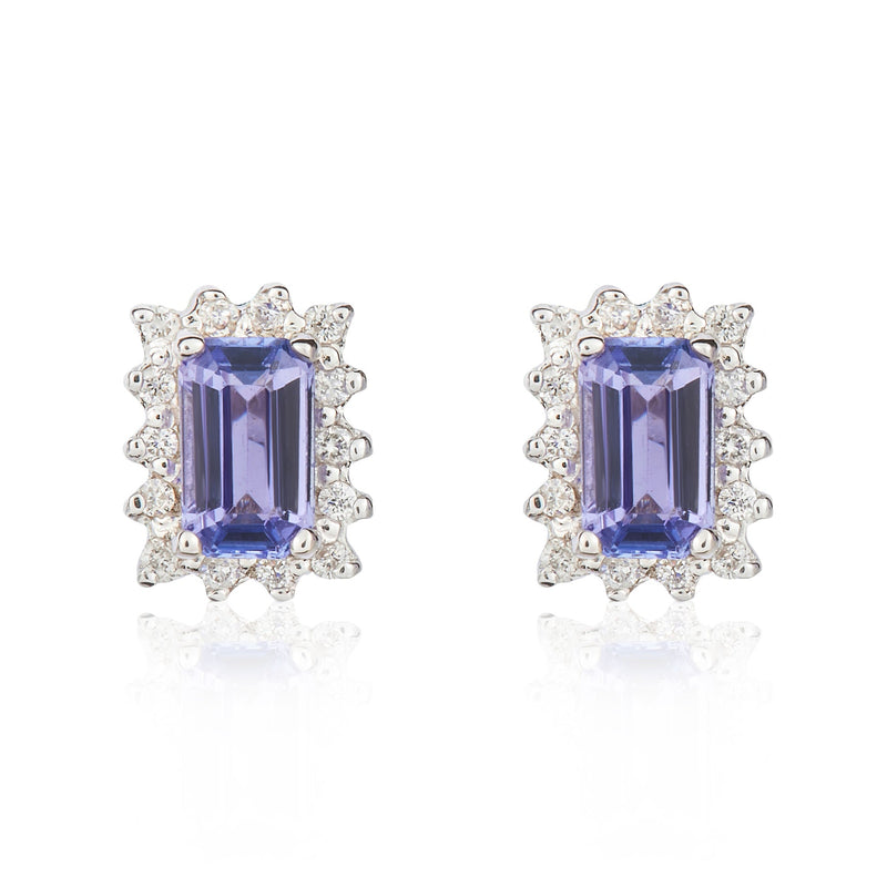 9ct White Gold Octagonal Natural Tanzanite & Diamond Cluster Stud Earrings — 5x3mm