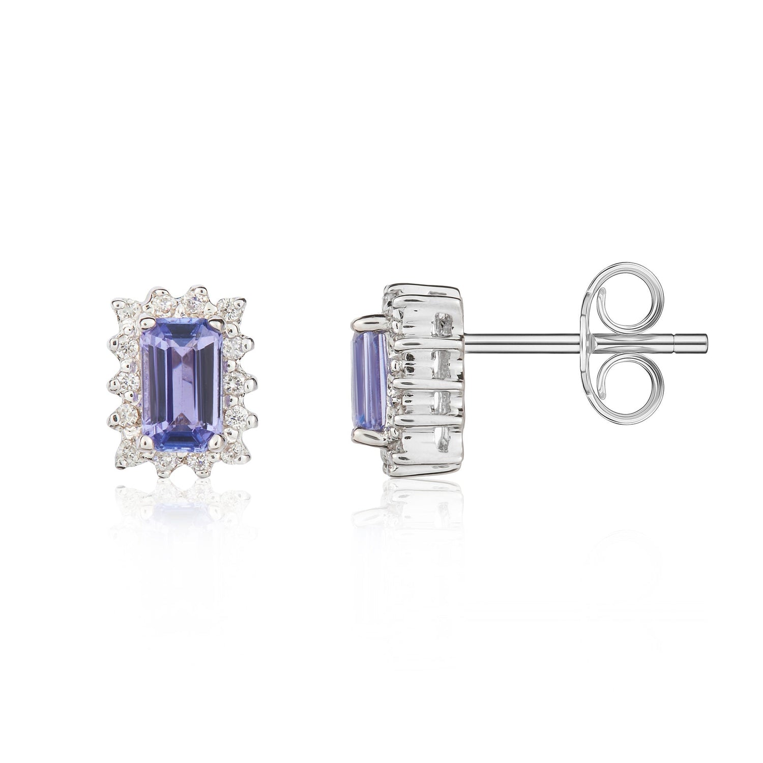 9ct White Gold Octagonal Emerald Cut Natural Tanzanite and Diamond Cluster Earrings — 5x3mm