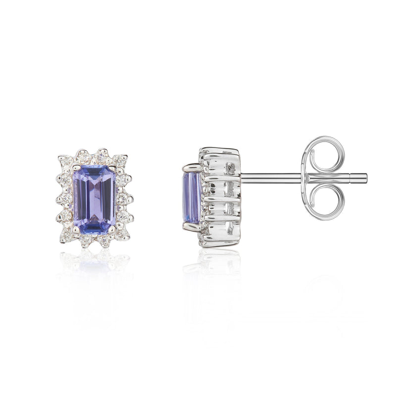 9ct White Gold Octagonal Natural Tanzanite & Diamond Cluster Stud Earrings — 5x3mm