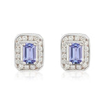 9ct White Gold Octagonal Natural Tanzanite & Diamond Claw Set Cluster Stud Earrings — 5x3mm
