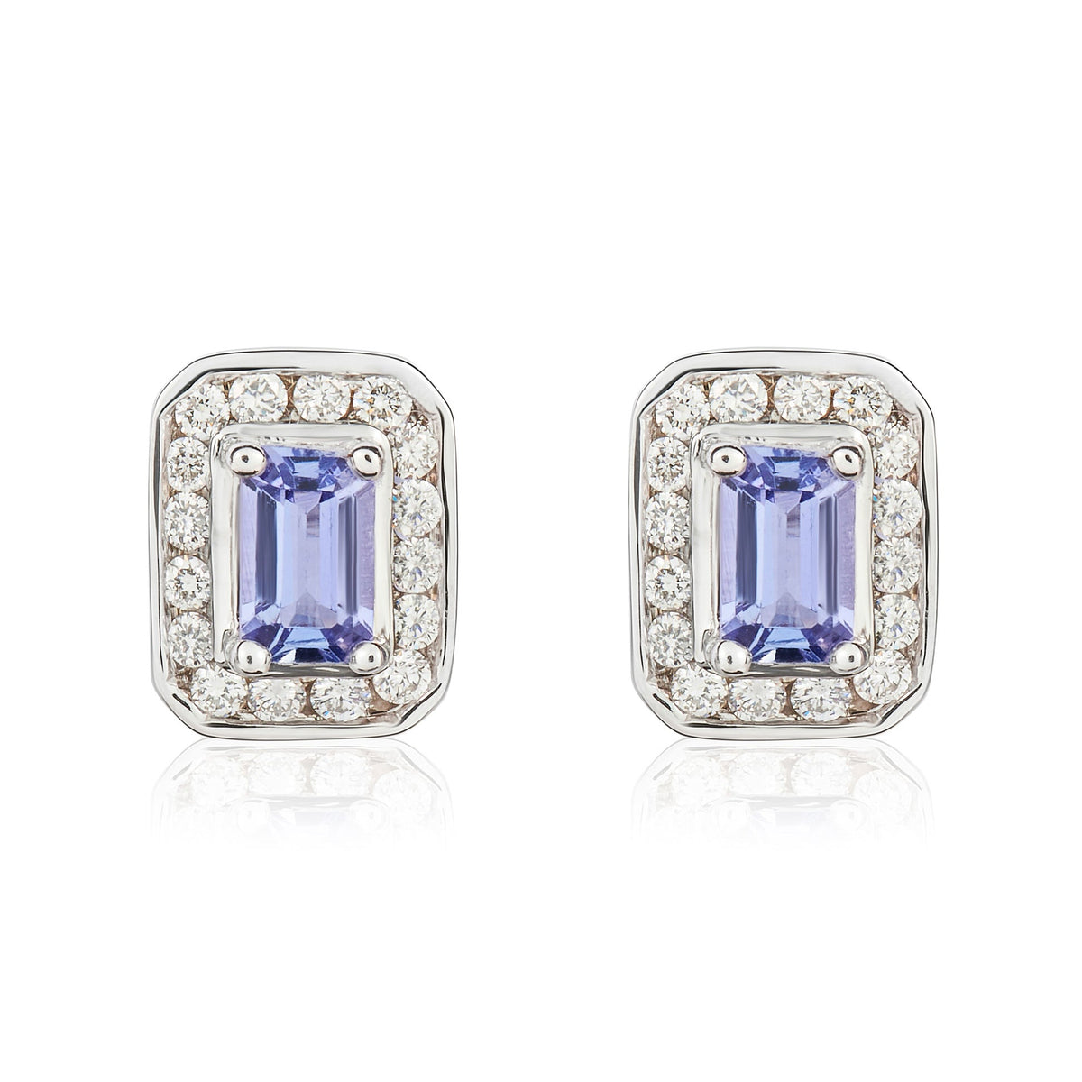 9ct White Gold Octagonal Natural Tanzanite & Diamond Claw Set Cluster Stud Earrings — 5x3mm