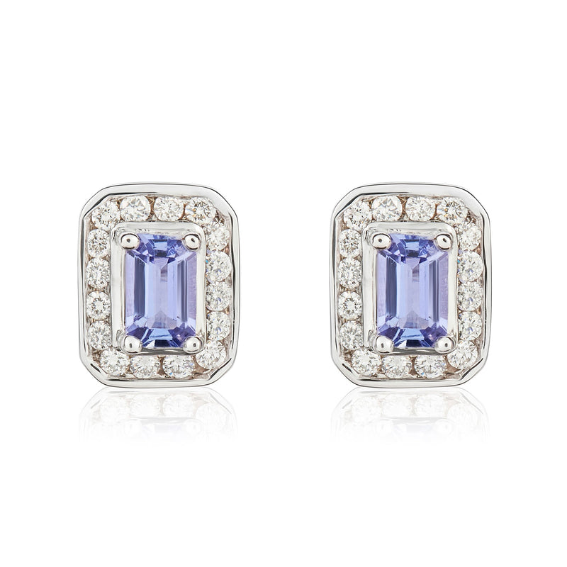 9ct White Gold Octagonal Natural Tanzanite & Diamond Claw Set Cluster Stud Earrings — 5x3mm
