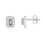 9ct White Gold Octagonal Natural Tanzanite & Diamond Claw Set Cluster Stud Earrings — 5x3mm