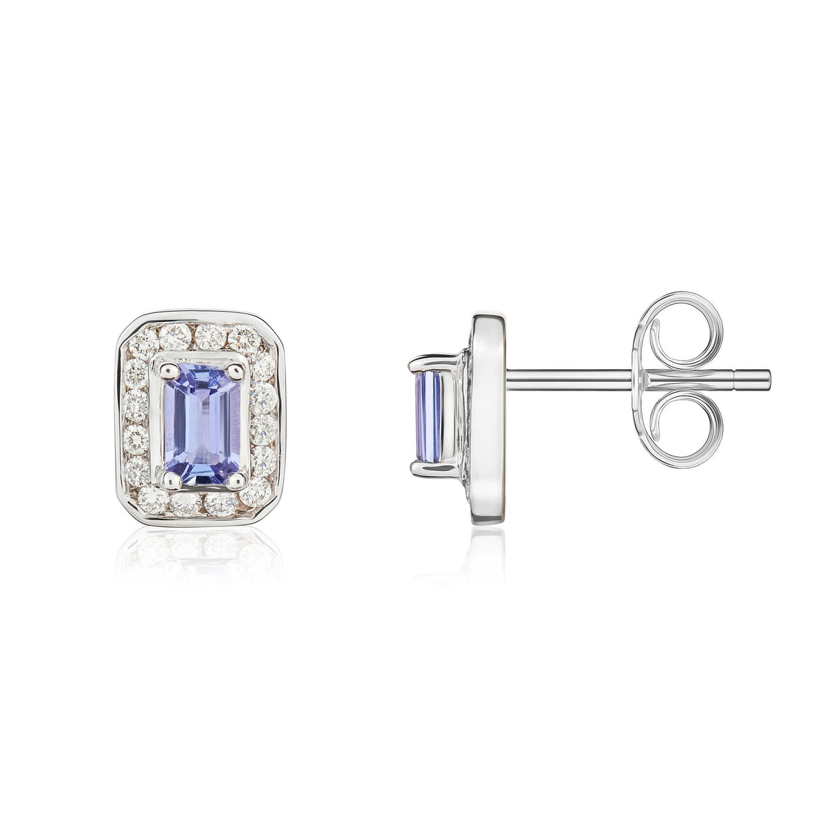 9ct White Gold Octagonal Natural Tanzanite & Diamond Claw Set Cluster Stud Earrings — 5x3mm