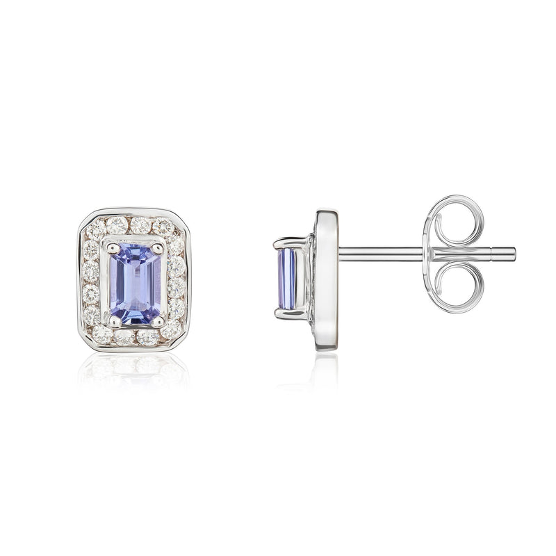 9ct White Gold Octagonal Natural Tanzanite & Diamond Claw Set Cluster Stud Earrings — 5x3mm