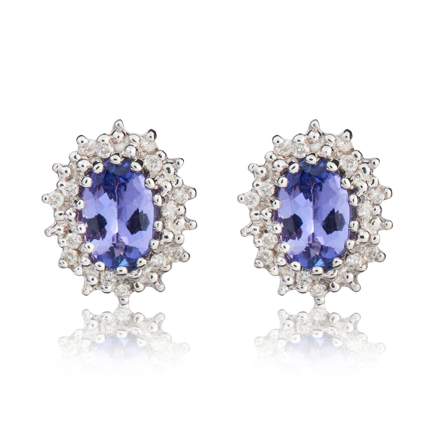 9ct White Gold Oval Natural Tanzanite and Diamond Cluster Earrings — 6x4mm