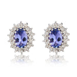 9ct White Gold Oval Natural Tanzanite & Diamond Claw Set Cluster Stud Earrings — 6x4mm