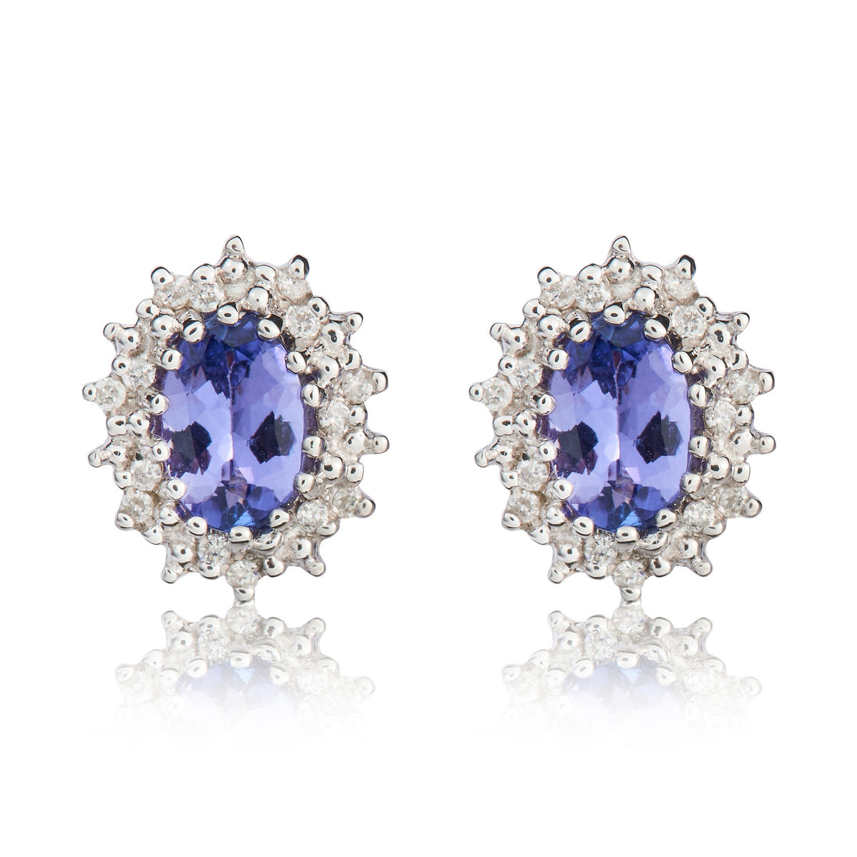 9ct White Gold Oval Natural Tanzanite & Diamond Claw Set Cluster Stud Earrings — 6x4mm