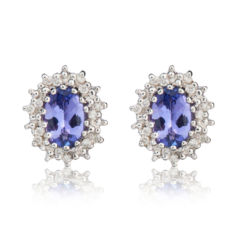 9ct White Gold Oval Natural Tanzanite & Diamond Claw Set Cluster Stud Earrings — 6x4mm