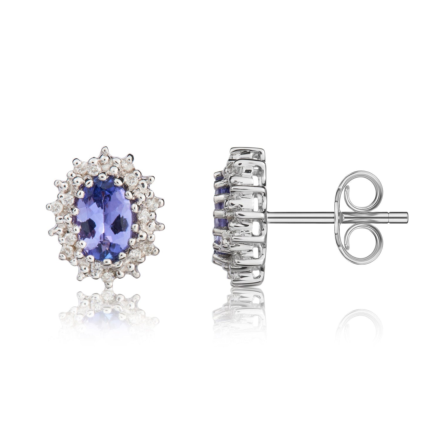 9ct White Gold Oval Natural Tanzanite and Diamond Cluster Earrings — 6x4mm
