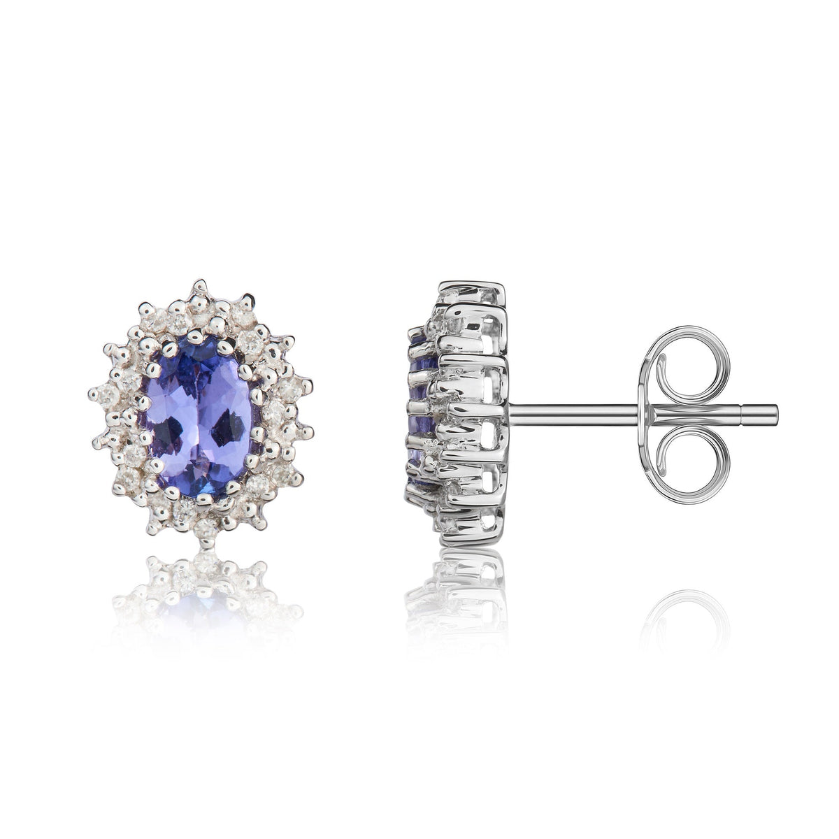 9ct White Gold Oval Natural Tanzanite & Diamond Claw Set Cluster Stud Earrings — 6x4mm