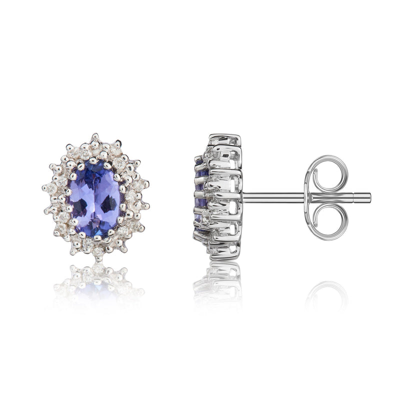 9ct White Gold Oval Natural Tanzanite & Diamond Claw Set Cluster Stud Earrings — 6x4mm