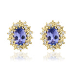 9ct Yellow Gold Oval Natural Tanzanite & Diamond Claw Set Cluster Stud Earrings — 6x4mm