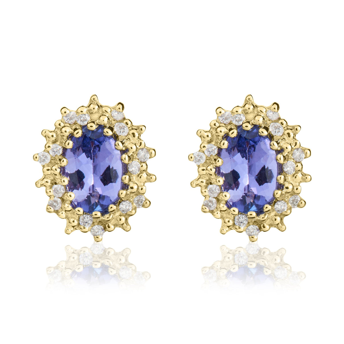 9ct Yellow Gold Oval Natural Tanzanite & Diamond Claw Set Cluster Stud Earrings — 6x4mm