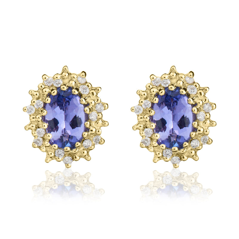 9ct Yellow Gold Oval Natural Tanzanite & Diamond Claw Set Cluster Stud Earrings — 6x4mm