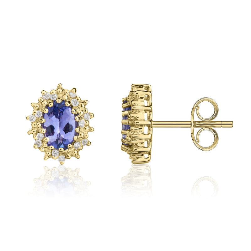 9ct Yellow Gold Oval Natural Tanzanite & Diamond Claw Set Cluster Stud Earrings — 6x4mm