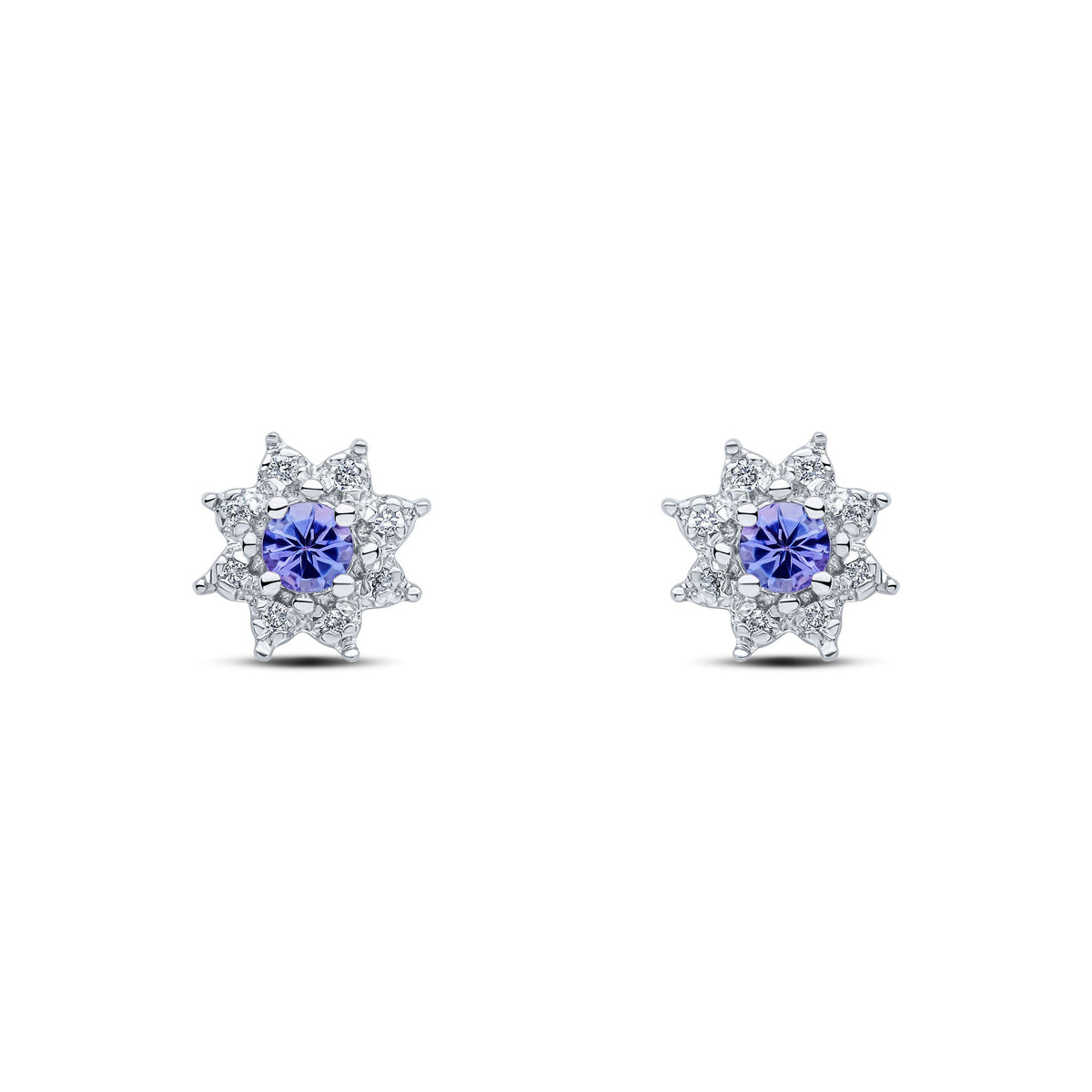 9ct White Gold Round Natural Tanzanite & Diamond Claw Set Cluster Stud Earrings — 3mm