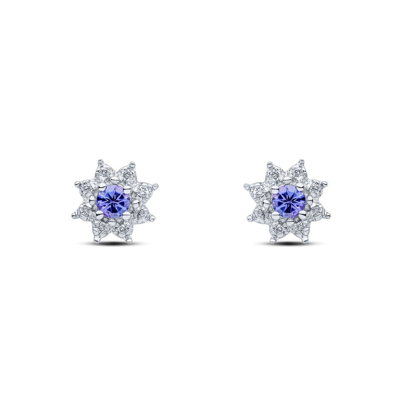 9ct White Gold Round Natural Tanzanite & Diamond Claw Set Cluster Stud Earrings — 3mm