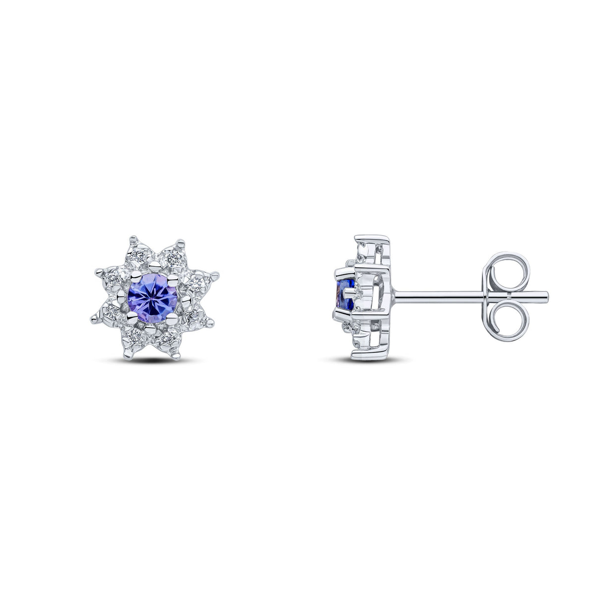 9ct White Gold Round Natural Tanzanite & Diamond Claw Set Cluster Stud Earrings — 3mm