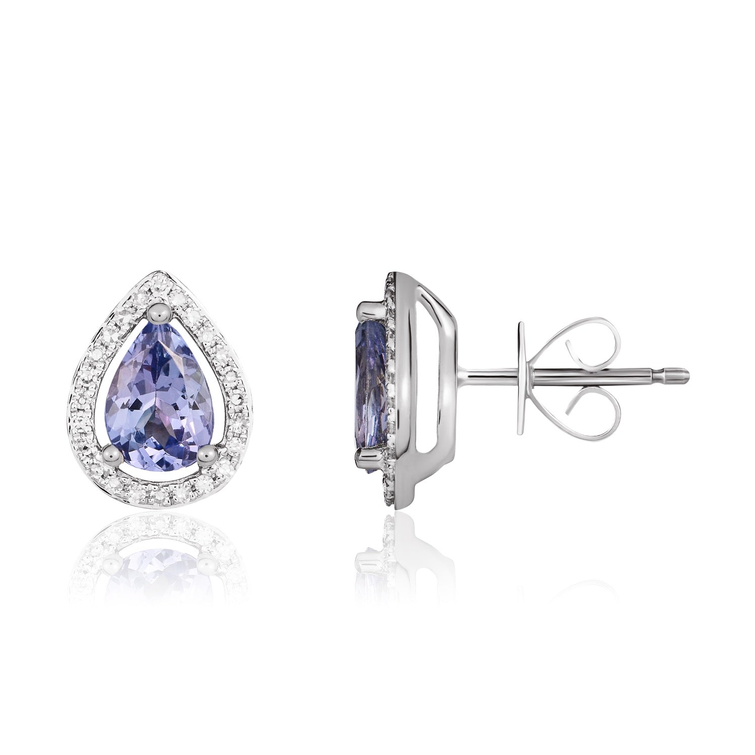 9ct White Gold Pear Shaped Natural Tanzanite and Diamond Halo Cluster Earrings — 7x5mm