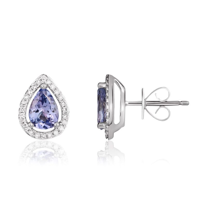 9ct White Gold Pear Shaped Natural Tanzanite & Diamond Halo Cluster Stud Earrings — 7x5mm