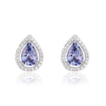 9ct White Gold Pear Shaped Natural Tanzanite & Diamond Halo Cluster Stud Earrings — 7x5mm