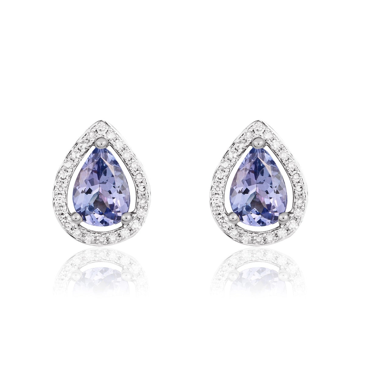 9ct White Gold Pear Shaped Natural Tanzanite & Diamond Halo Cluster Stud Earrings — 7x5mm
