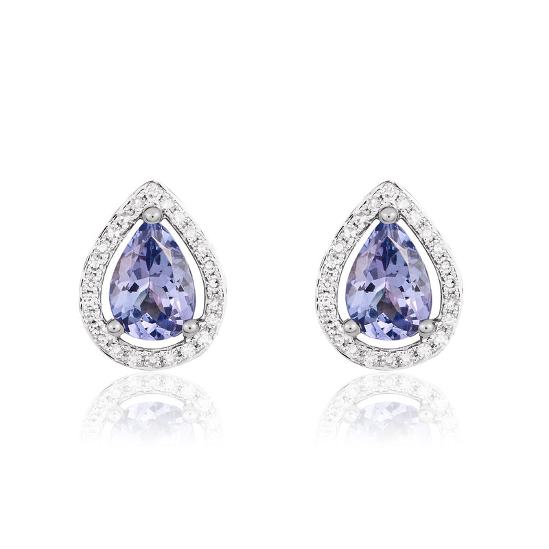 9ct White Gold Pear Shaped Natural Tanzanite & Diamond Halo Cluster Stud Earrings — 7x5mm