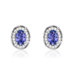 9ct White Gold Oval Natural Tanzanite & Diamond Rope Edge Cluster Stud Earrings — 6x4mm