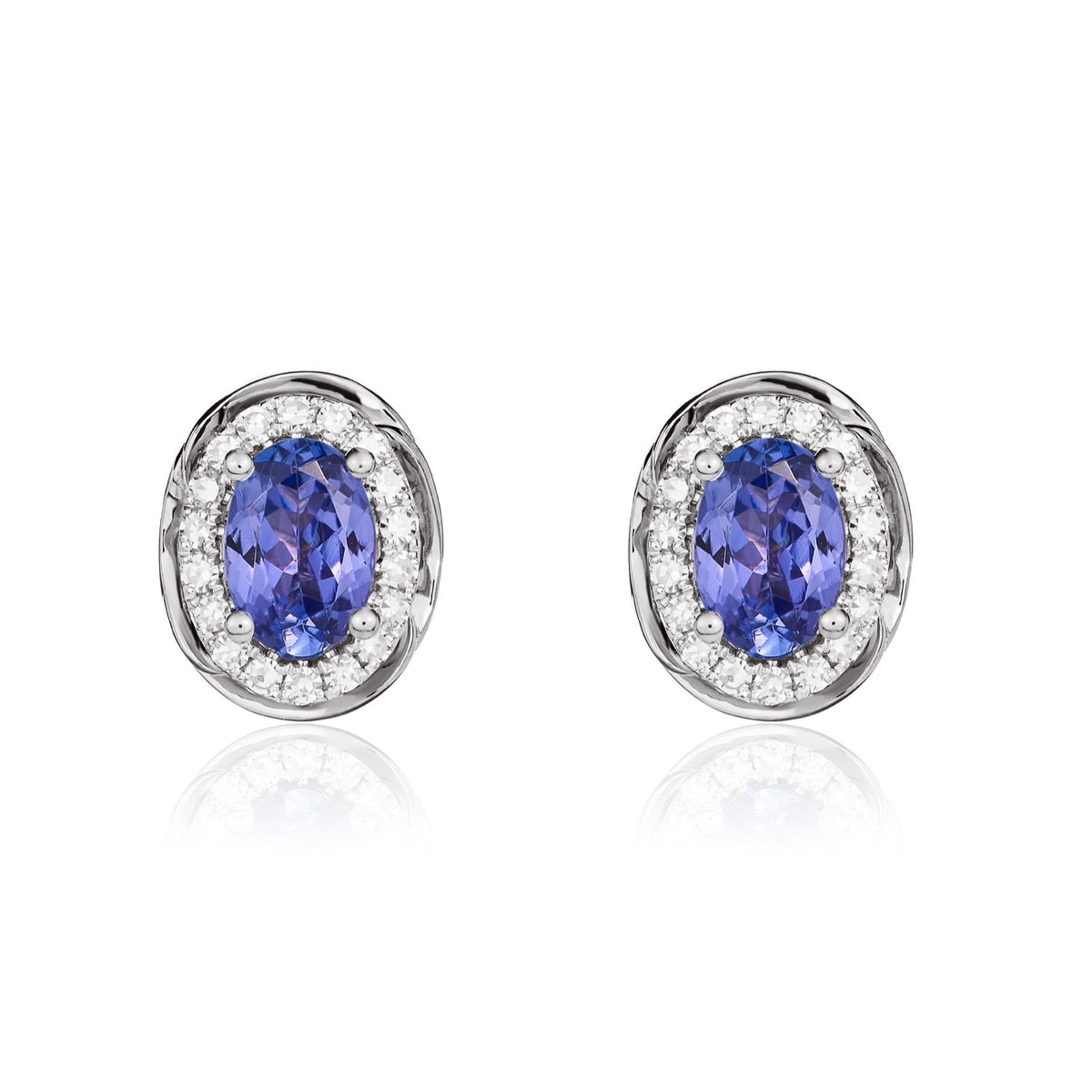 9ct White Gold Oval Natural Tanzanite & Diamond Rope Edge Cluster Stud Earrings — 6x4mm