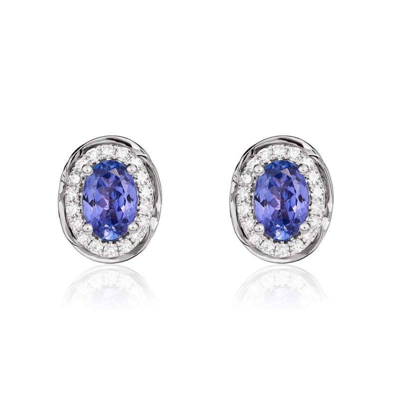 9ct White Gold Oval Natural Tanzanite & Diamond Rope Edge Cluster Stud Earrings — 6x4mm