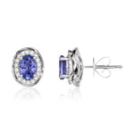 9ct White Gold Oval Natural Tanzanite & Diamond Rope Edge Cluster Stud Earrings — 6x4mm